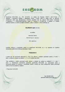 Osvědčení o produkci obalů společnosti ELEMAN za rok 2024